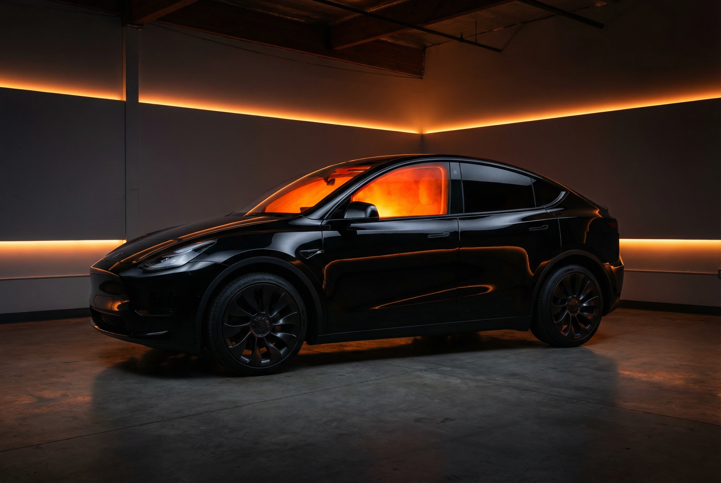 Tesla with side and rear windows highlighted showing standard tint coverage